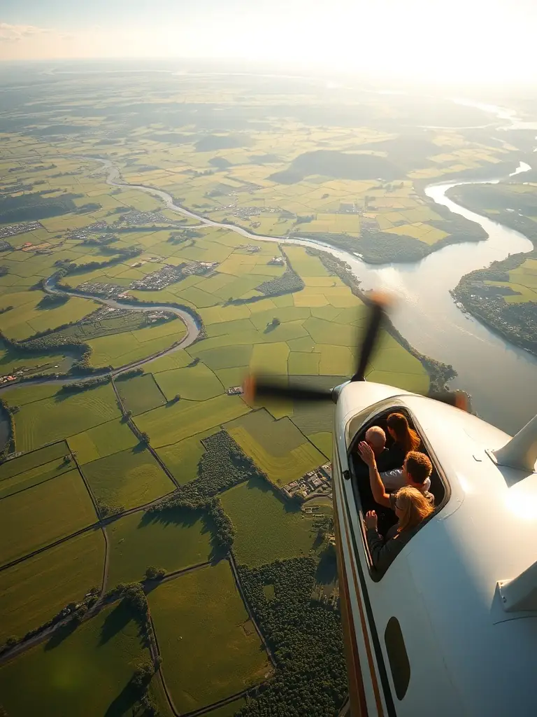 A high-angle shot of an ultra-light aircraft soaring over the Correze countryside, showcasing the freedom and beauty of flight, with the organization's logo subtly overlaid.